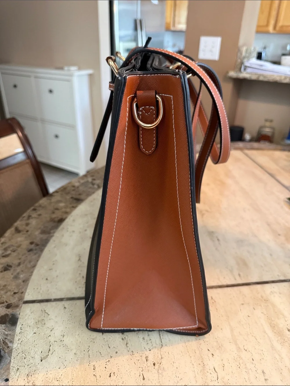 Women's Black Tote with Brown Straps - Sleek Everyday Tote